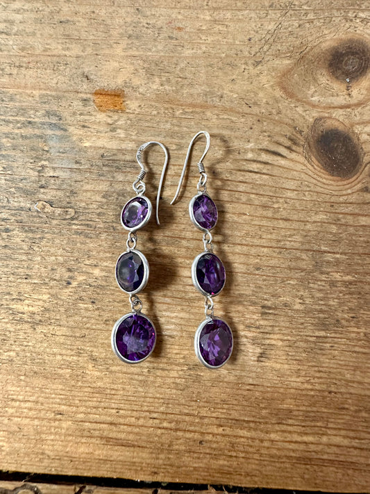 Modernist Purple Stone Dangle 925 Silver Earrinfs