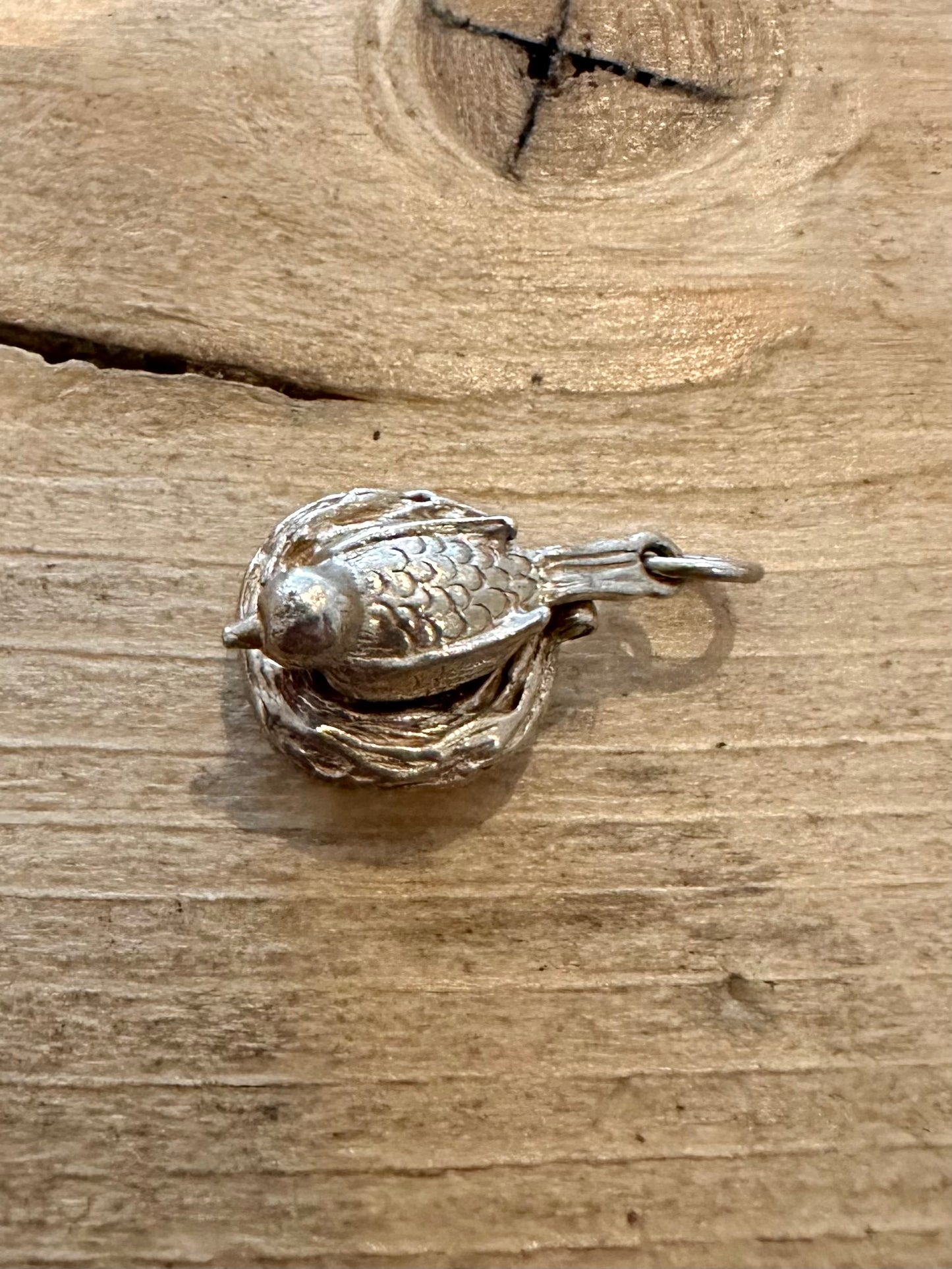 Vintage Bird and Nest Articulated 925 Silver Charm Pendant