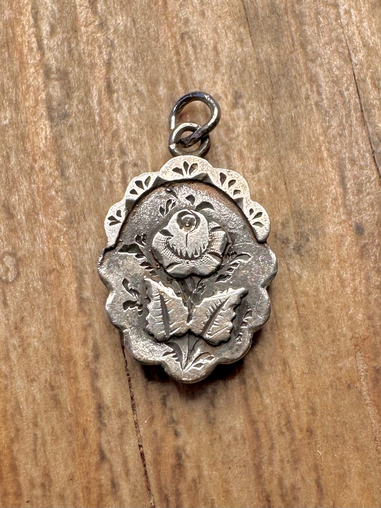 Antique 1896 Rose Engraved 925 Sterling Silver Pendant