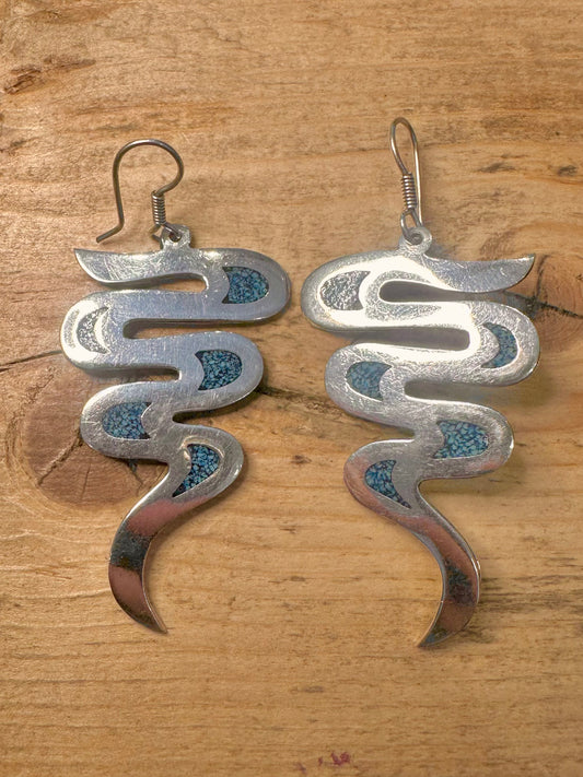 Vintage Turquoise Inlay Zig Zag 925 Silver Mexico Earrings