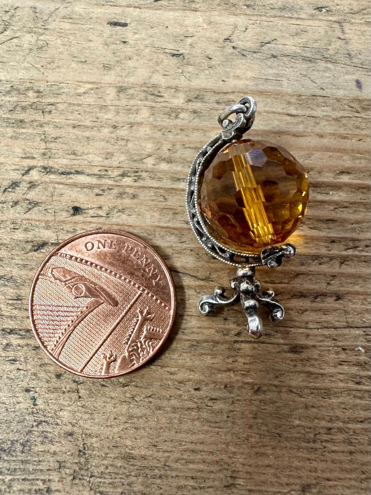 Vintage Crystal Orange Globe Silver Charm Pendant