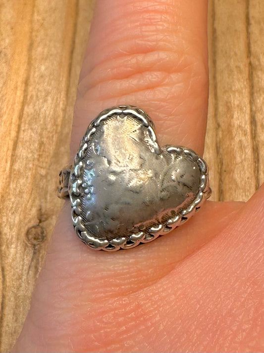 Vintage Heart Floral Engraved 925 Sterling Silver Size O Ring