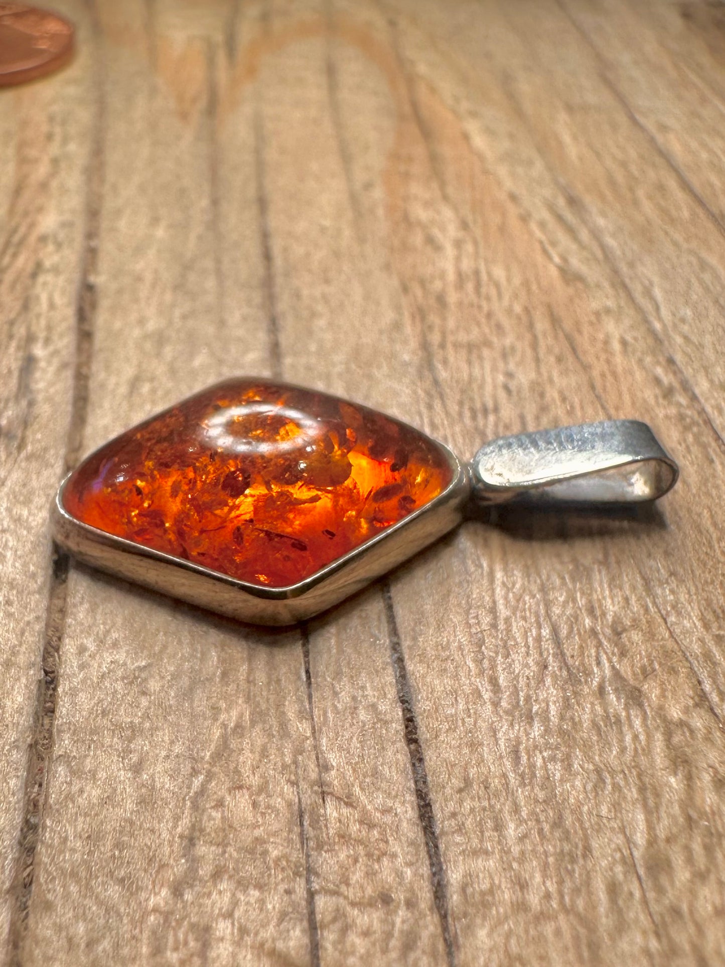 Abstract Amber Diamond Shape 925 Sterling Silver Pendant