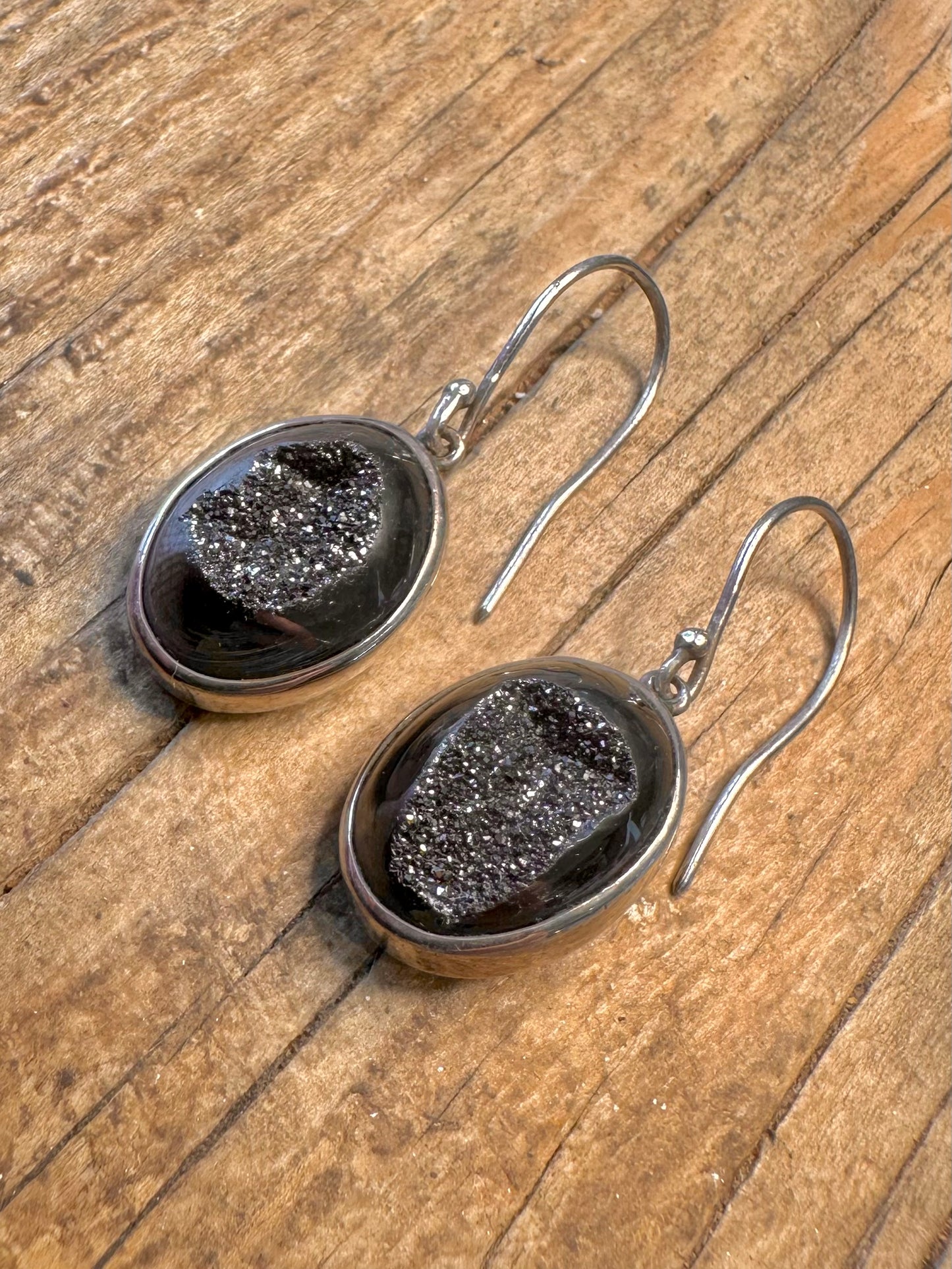 Black Druzy Quarts Oval Maker Starborn 925 Sterling Silver Earrings