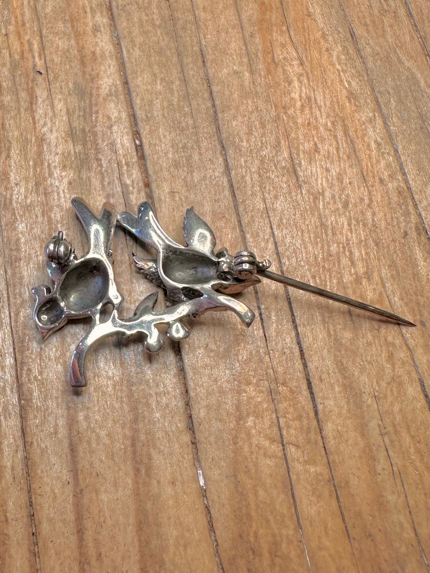 Vintage Two Bird and Branch Marcasite and Red Stone 925 Sterling Silver Brooch