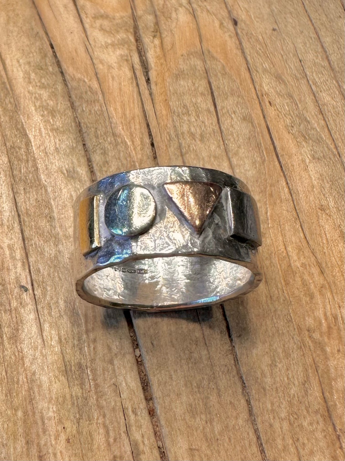 Abstract Hammered Love Gold and 925 Sterling Silver Size R1/2 Ring