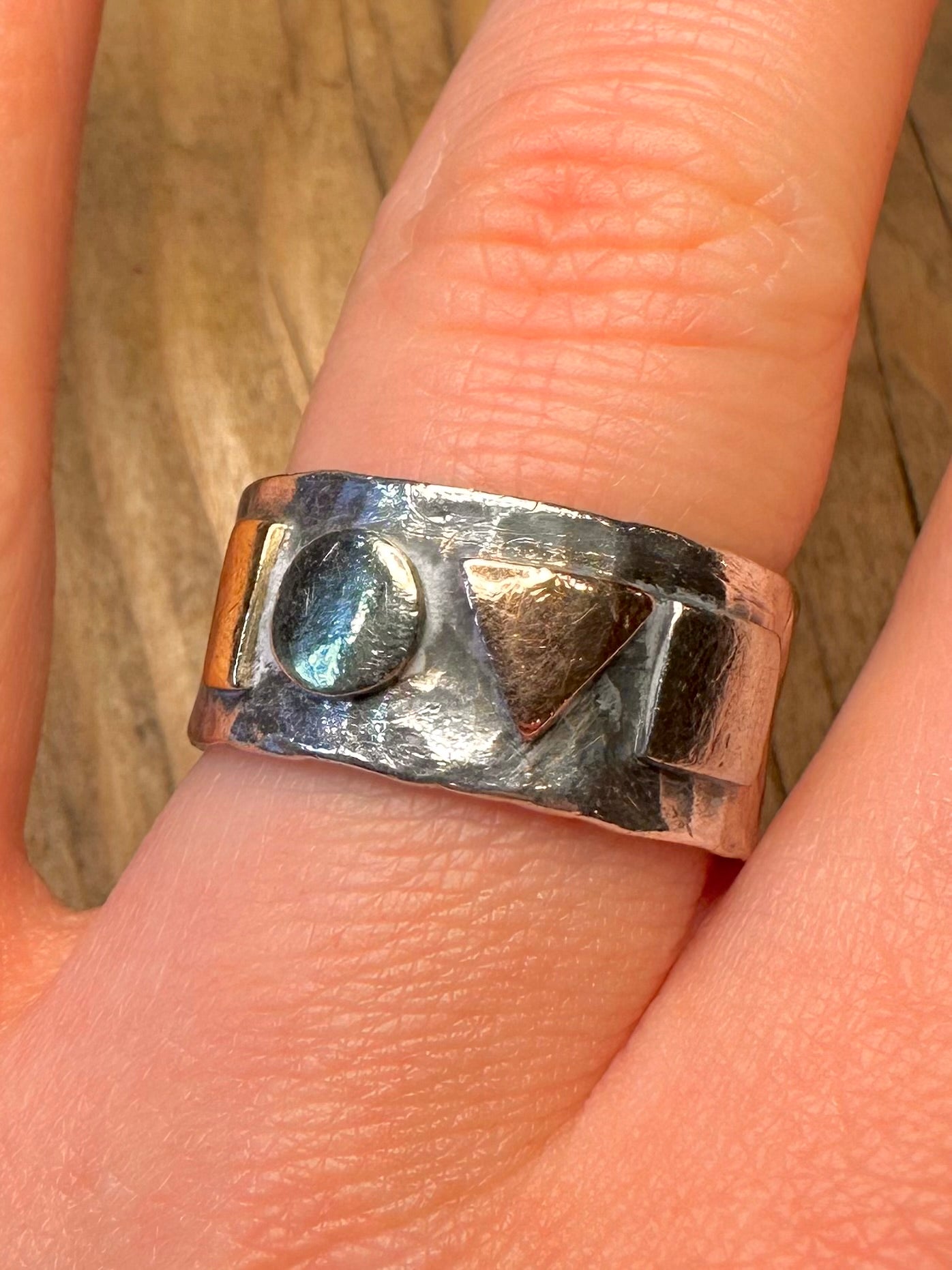 Abstract Hammered Love Gold and 925 Sterling Silver Size R1/2 Ring