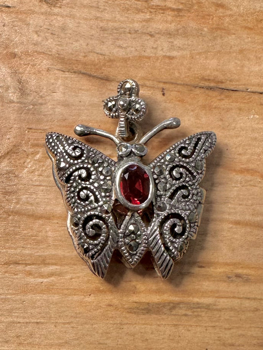 Vintage Butterfly Marcasite and Garnet 925 Silver Locket Pendant
