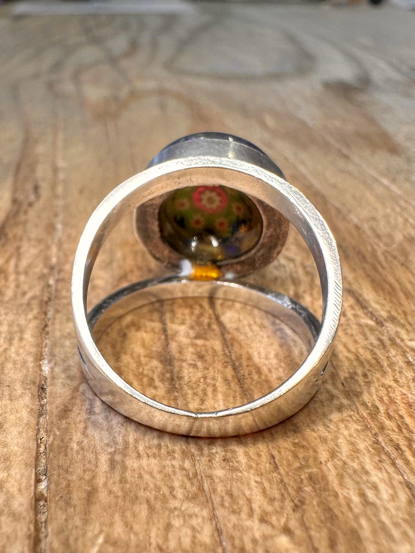 Vintage Millefleur Glass 925 Sterling Silver Size P Ring
