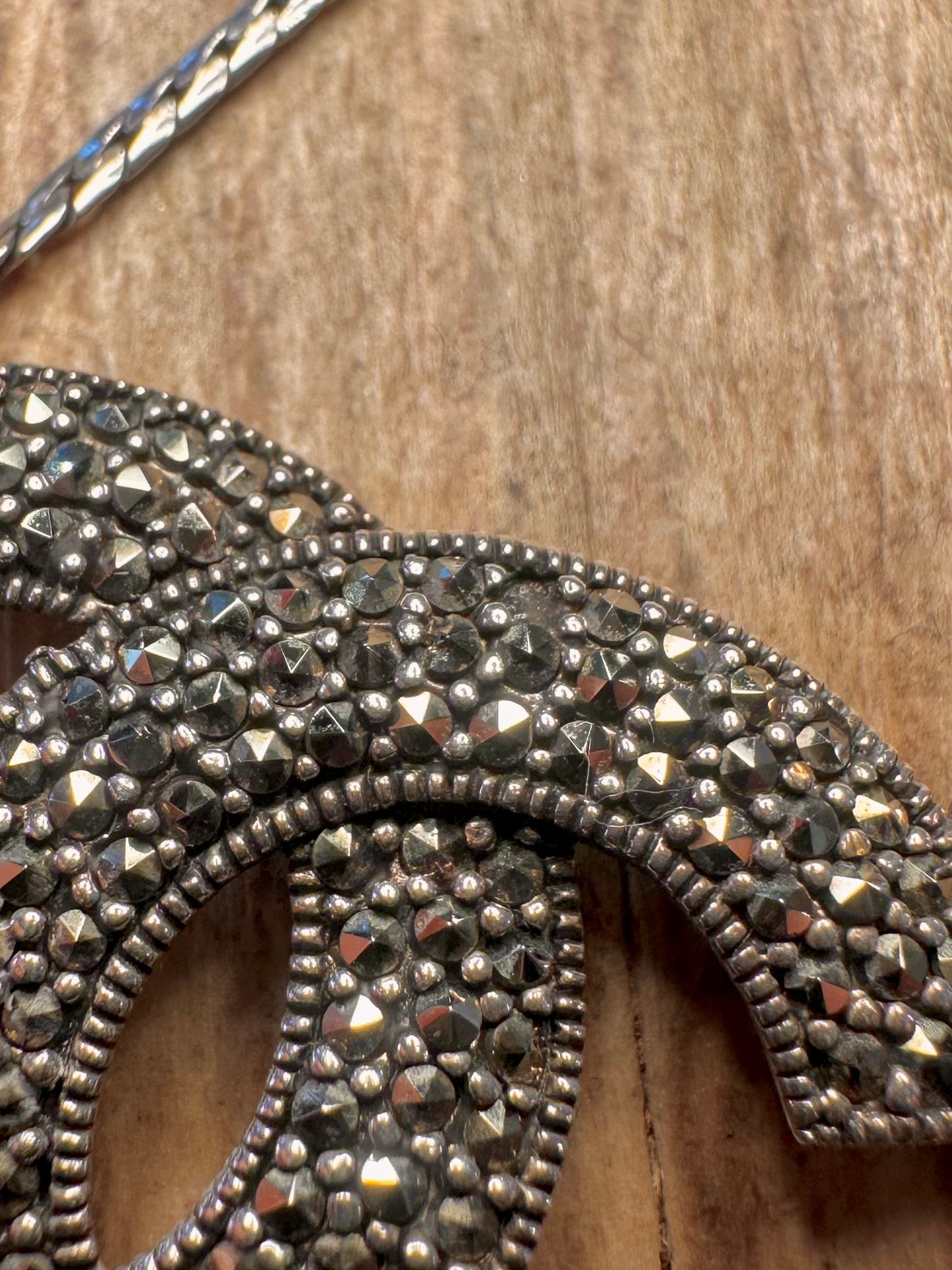Vintage Channel Style Marcasite Flat Chain 925 Sterling Silver 18.5 to 19.4 inch Necklace