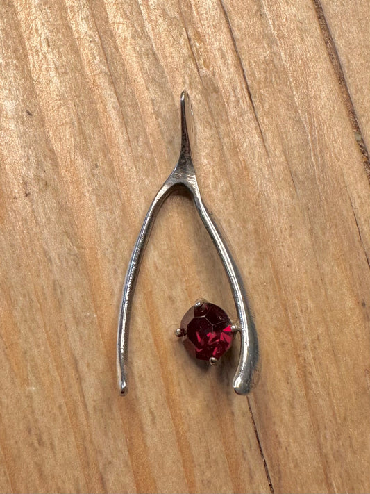 Vintage Wishbone Red Stone 925 Sterling Silver Pendant