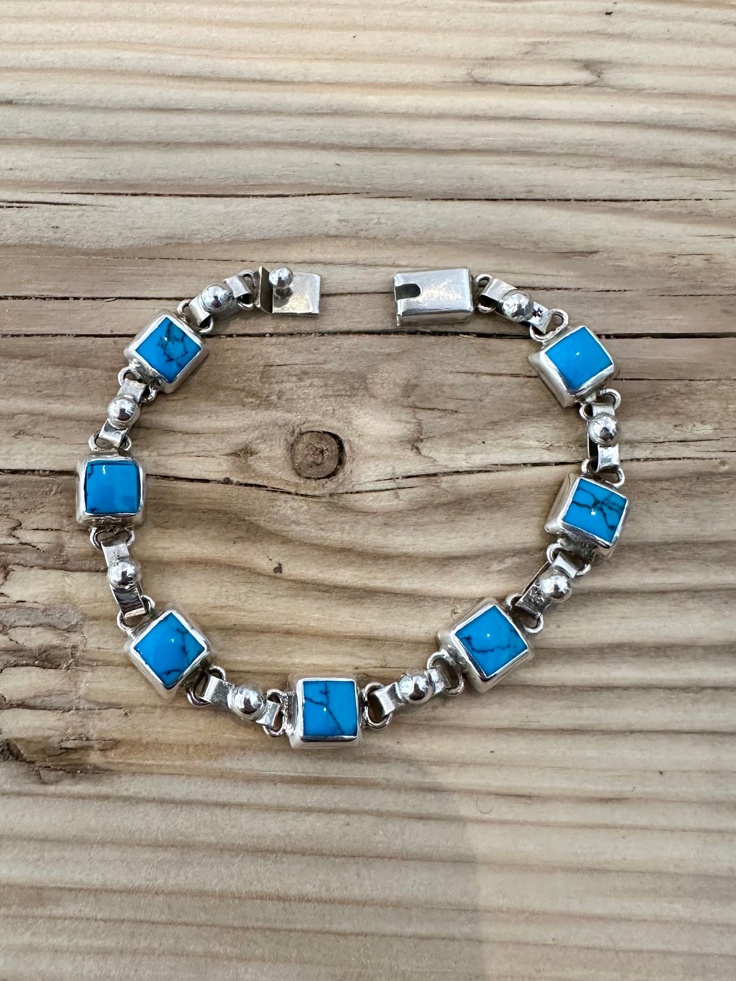 Vintage Square Turquoise Inlay Mexican 925 Silver 7 inch Bracelet