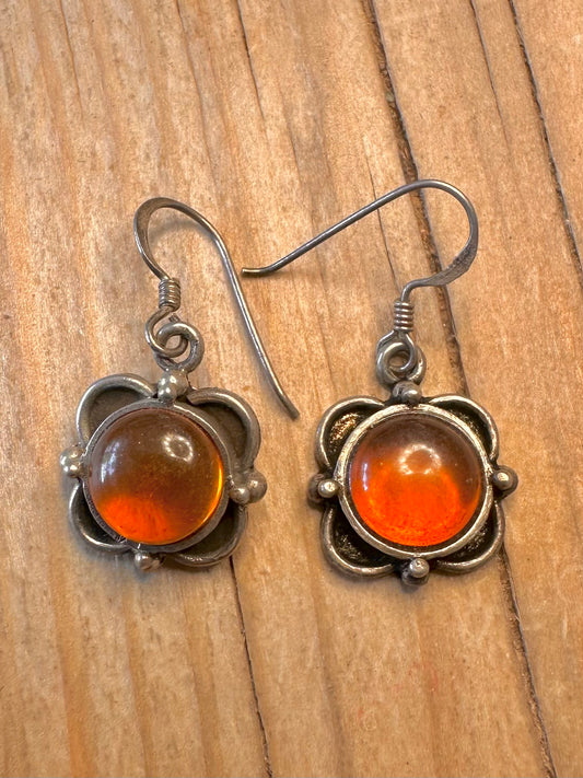 Vintage Amber Flower 925 Sterling Silver Earrings