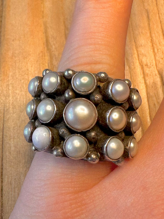 Vintage Chunky Pearl 925 Sterling Silver Size M Ring