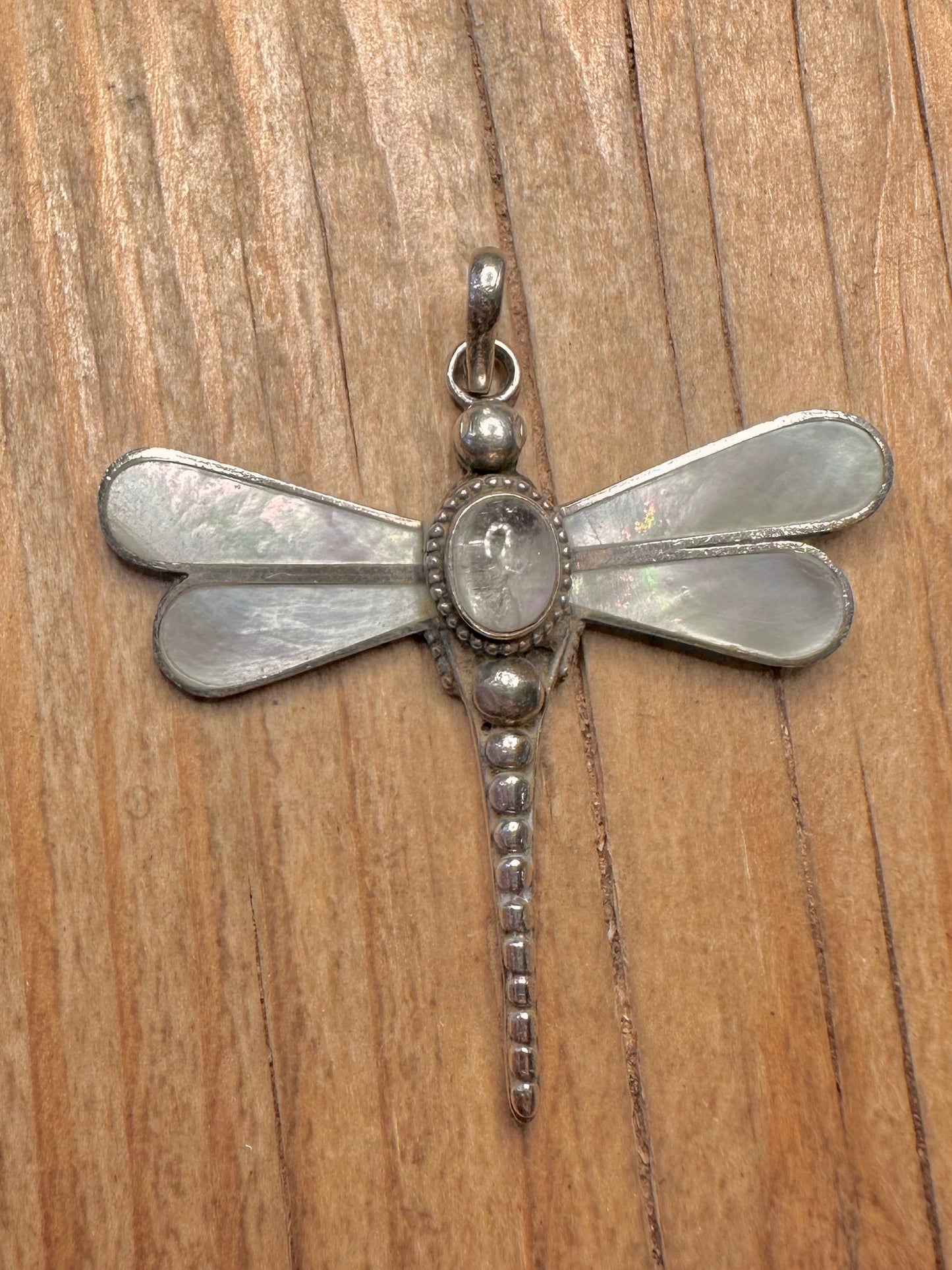 Vintage Dragonfly Moonstone and Mother of Pearl 925 Sterling Silver Pendant
