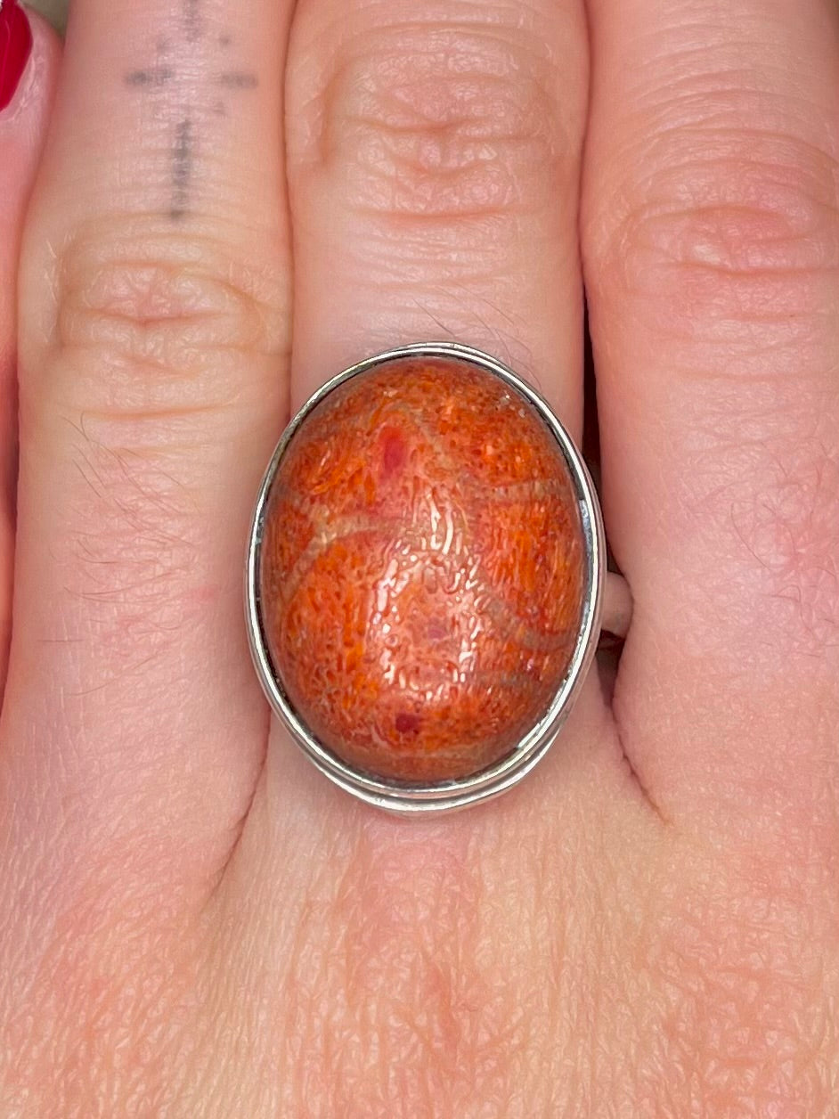 Oval Coral 925 Sterling Silver Size N Ring