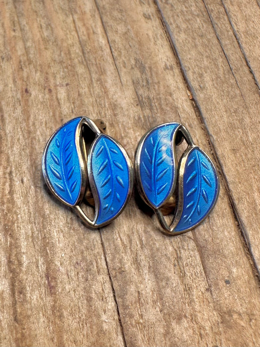 David Anderson Norwegian Blue Guilloche Enamel Clip On 925 Sterling Silver Earrings