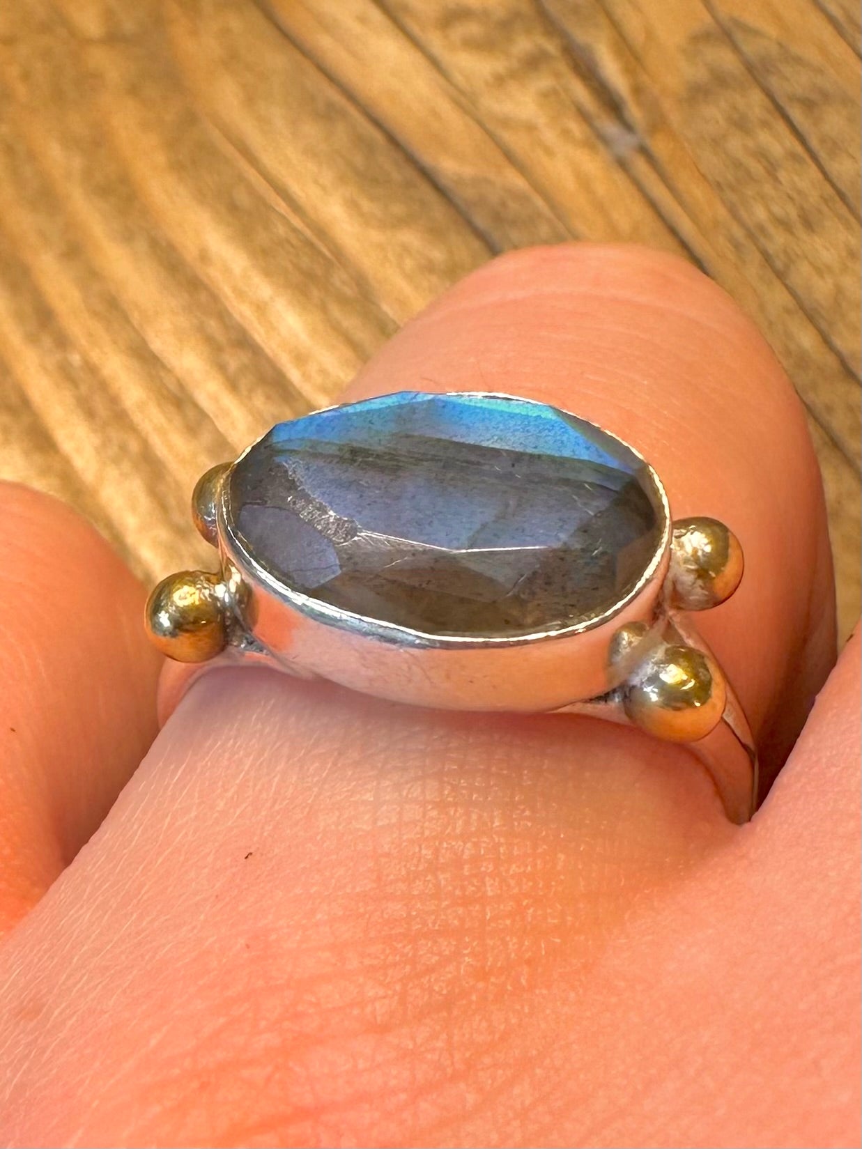 Labradorit Gold Kugeln 925 Sterling Silber Ring Größe U