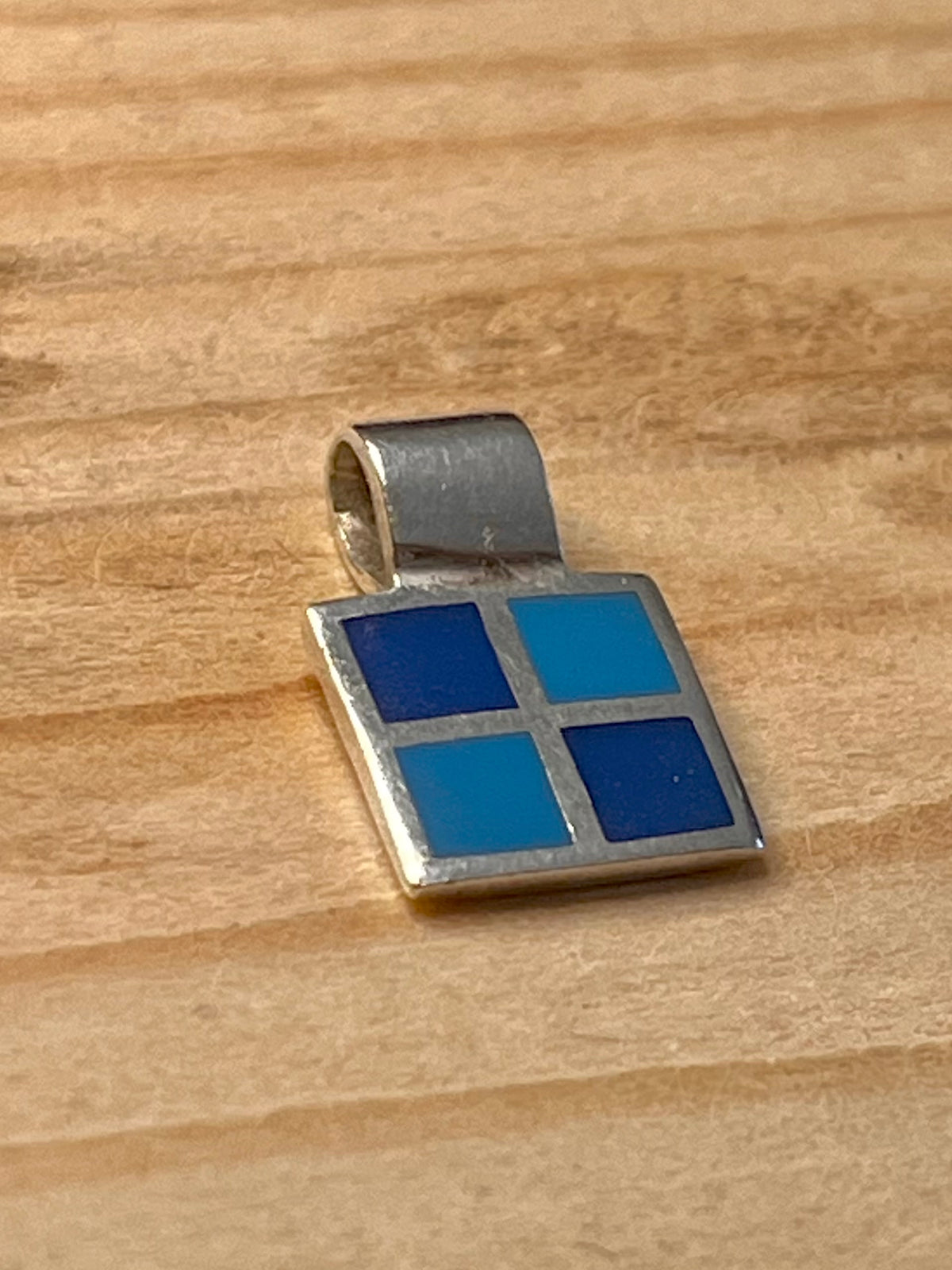 Small Blue Enamel Mosaic Square 925 Sterling Silver Pendant
