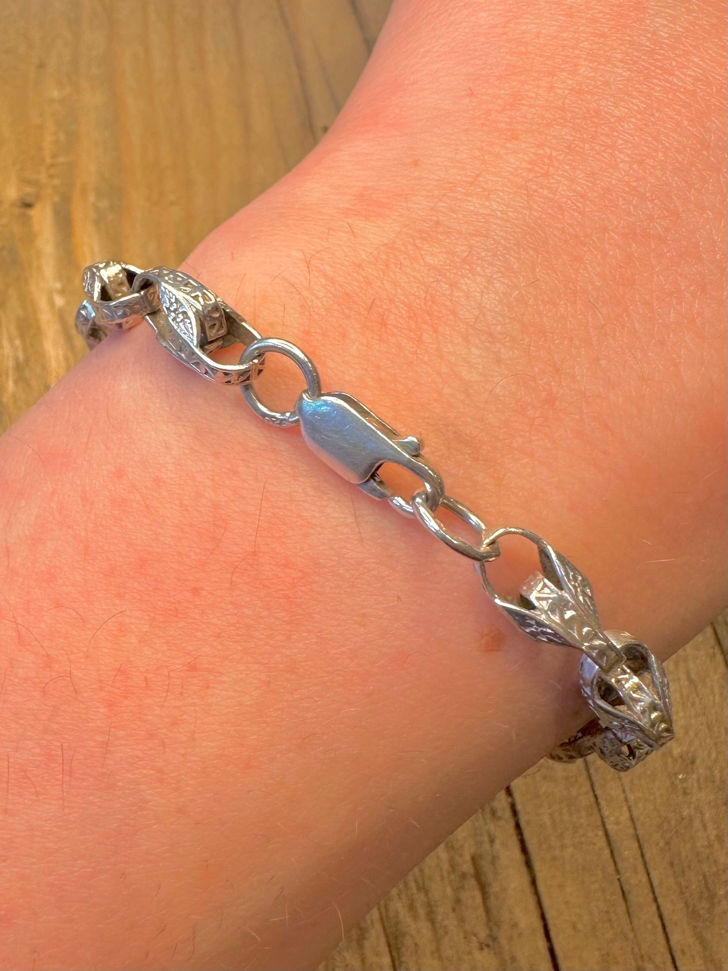 Antikes, graviertes Tulpen-Gliederarmband, ECO 925er Sterlingsilber, 21,5 cm lang