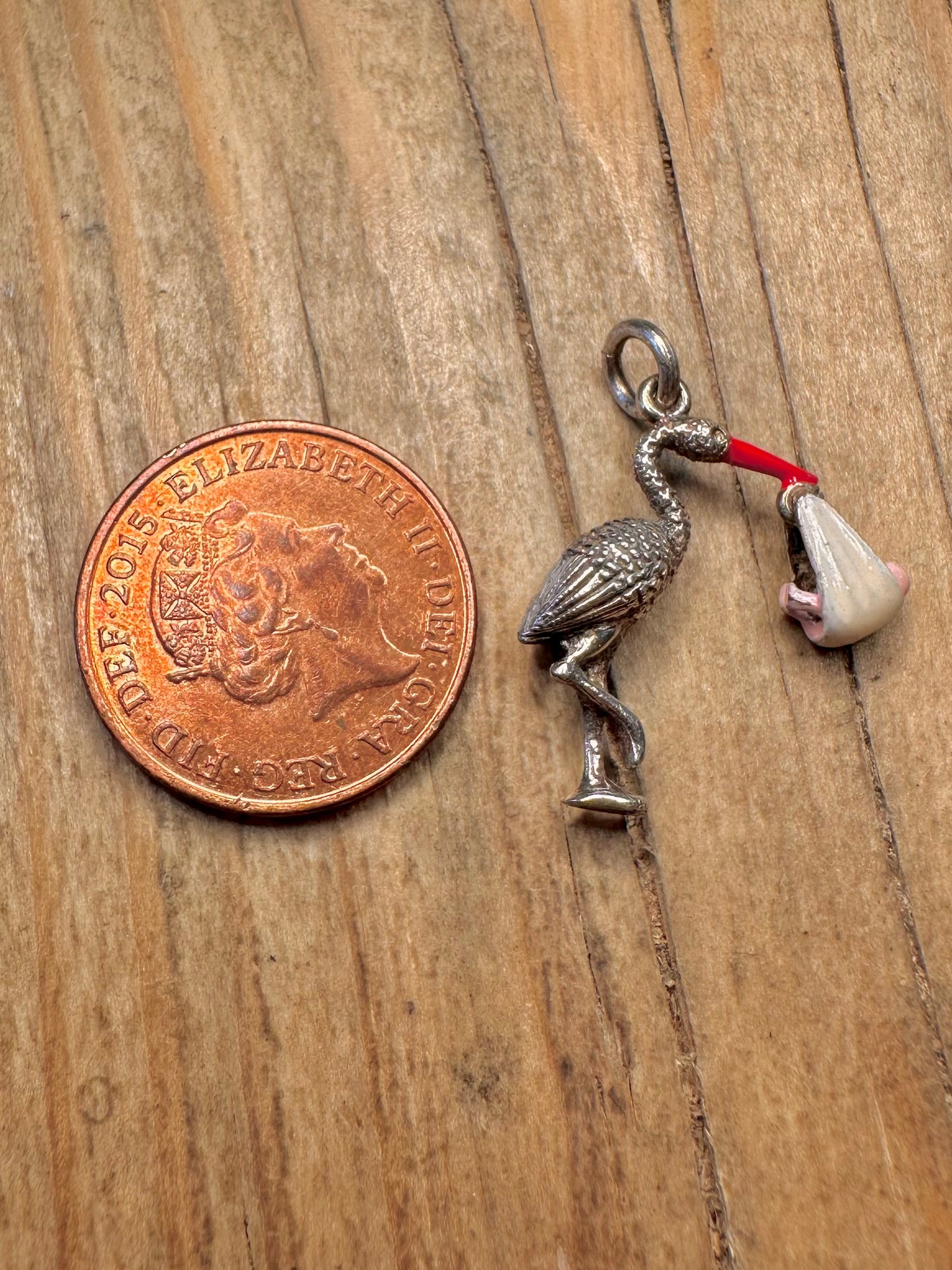 Vintage Stork and Baby Enamel 925 Sterling Silver Charm Pendant