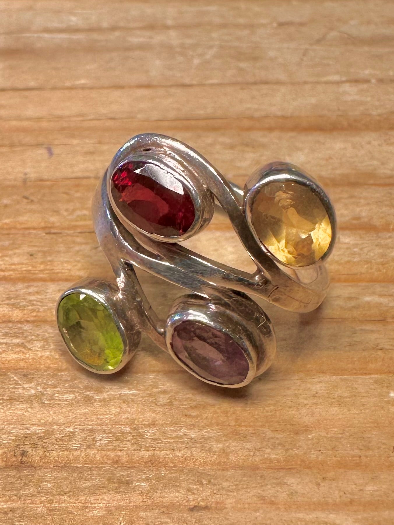 Abstract Multi Gemstone 925 Sterling Silver Size Q Ring