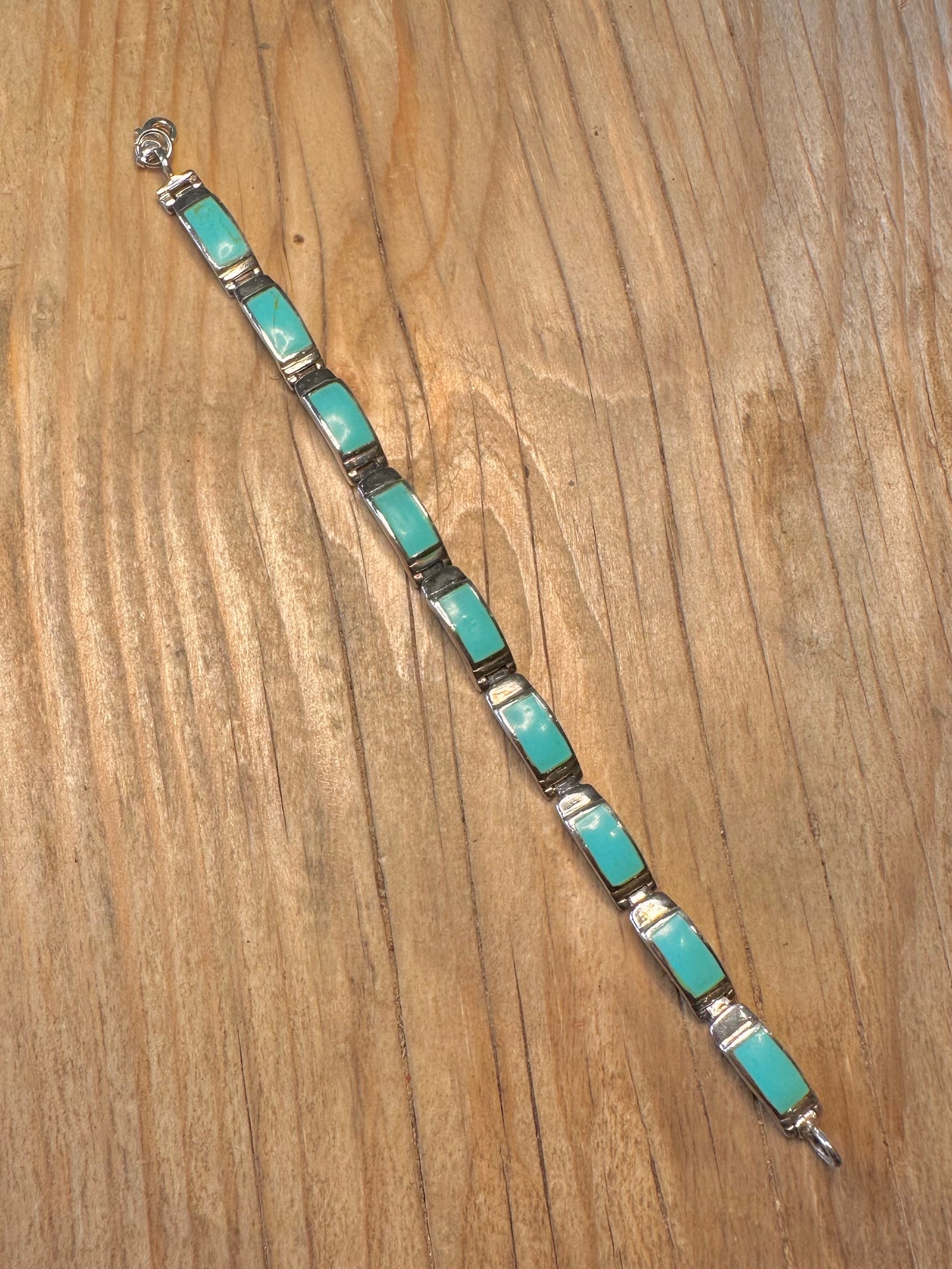Vintage Turquoise Rectangle Links 925 Sterling Silver 7 inch Bracelet