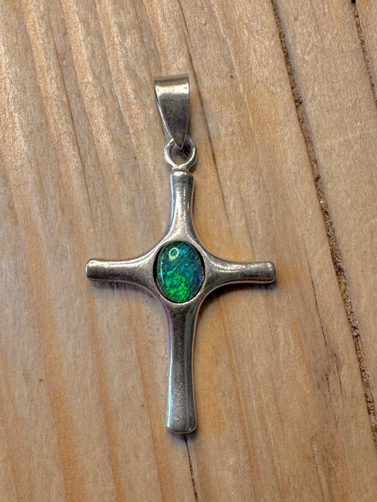Abstract Blue Opal Cross 925 Silver Pendant