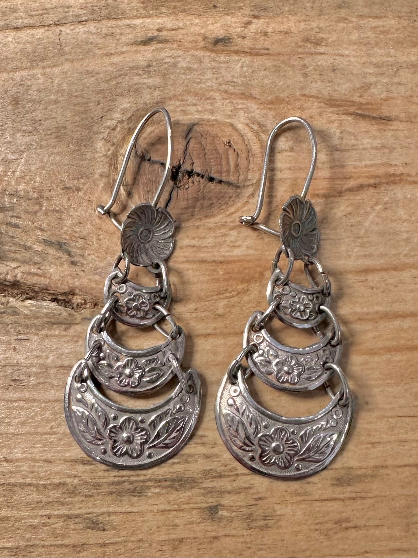 Vintage Floral Dangle Semi Circles 925 Silver Earrings