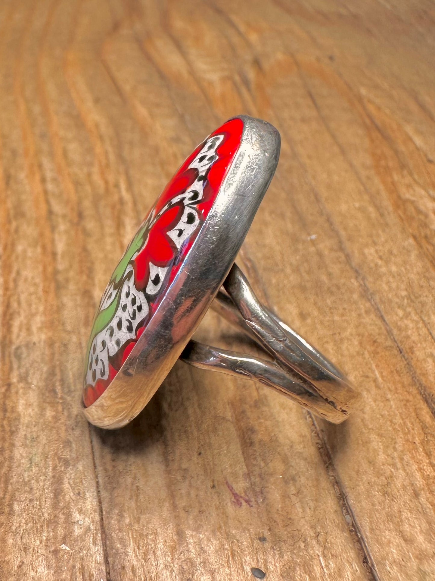 Vintage Red White Painted Flower Design Oval 925 Sterling Silver Size M1/2 Ring