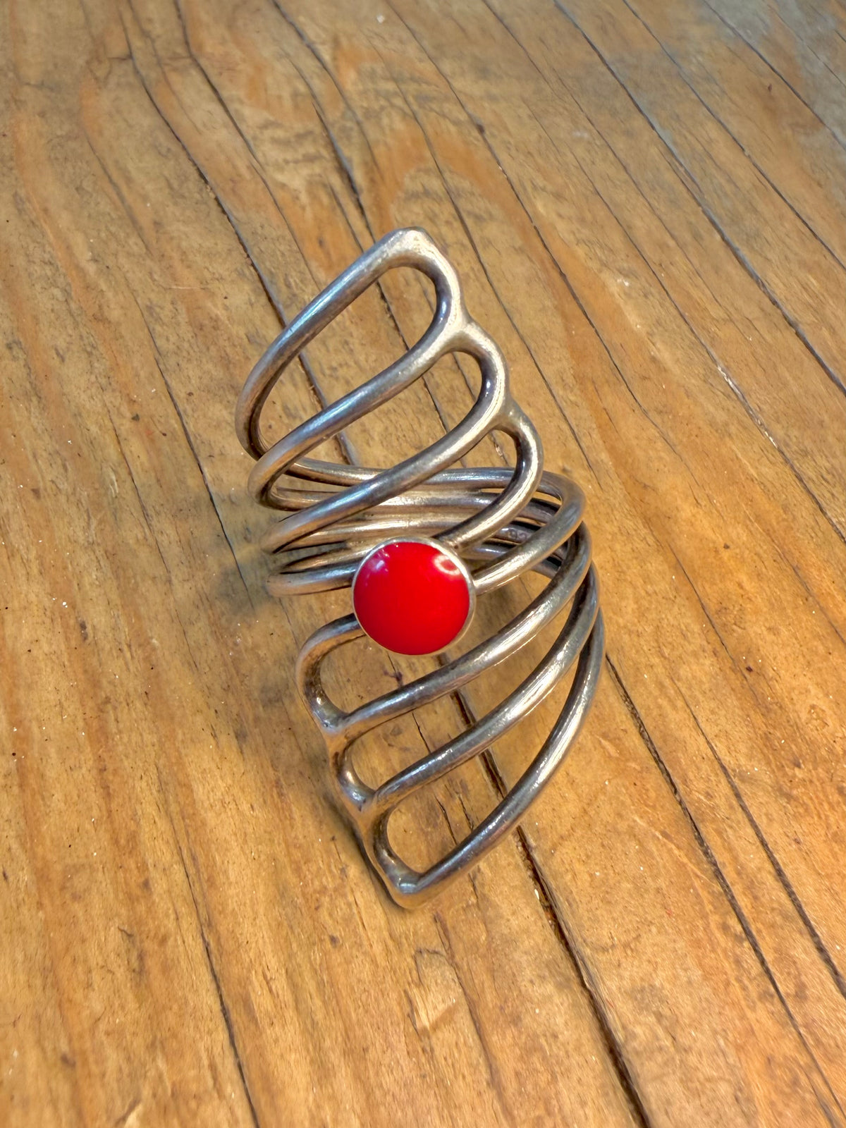 Open Multi Strand Red Circle 925 Sterling Silver Size R Ring