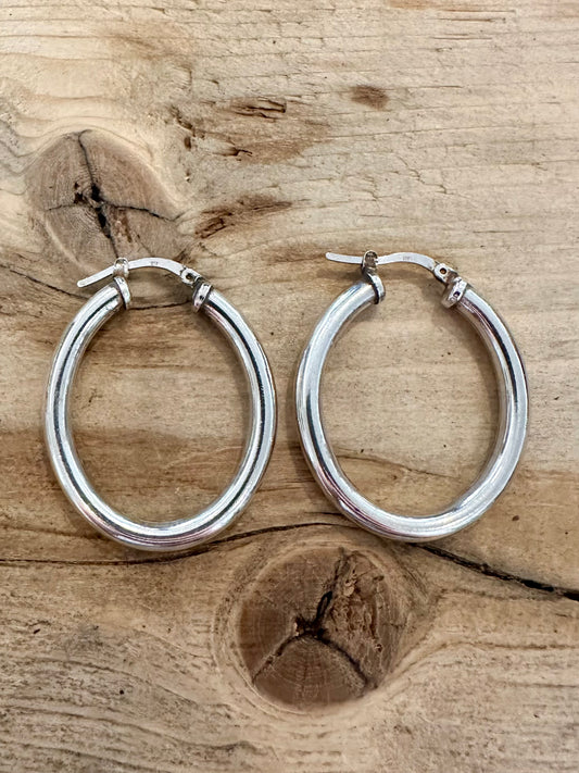 Vintage Thick Rounded Oval 925 Silver Hoop Earrings