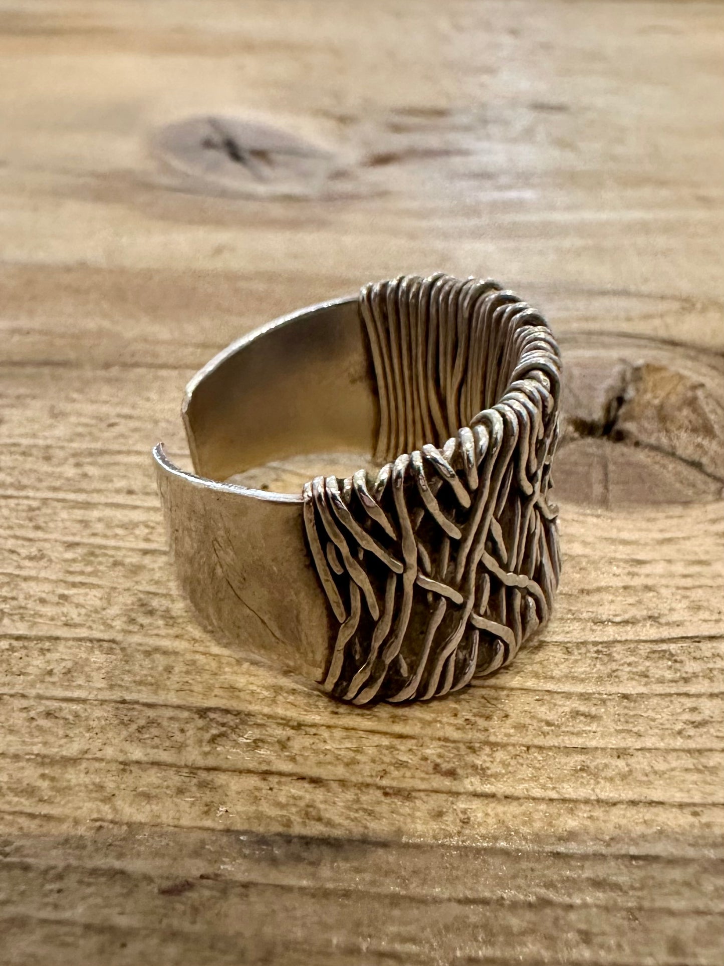 Abstract Woven 925 Silver Size S Open Back Ring