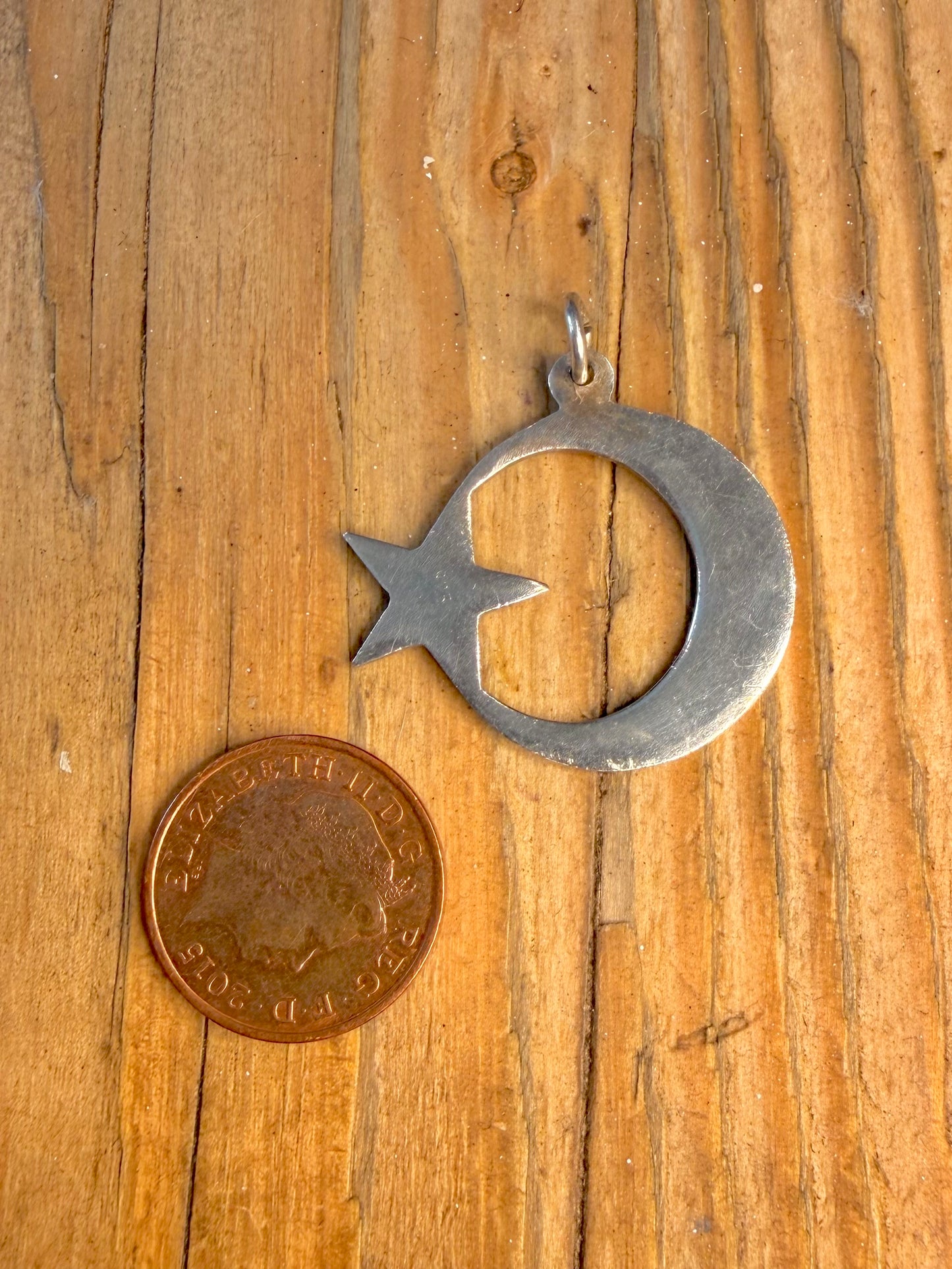 Crescent Moon and Star Engraved 925 Sterling Silver Pendant