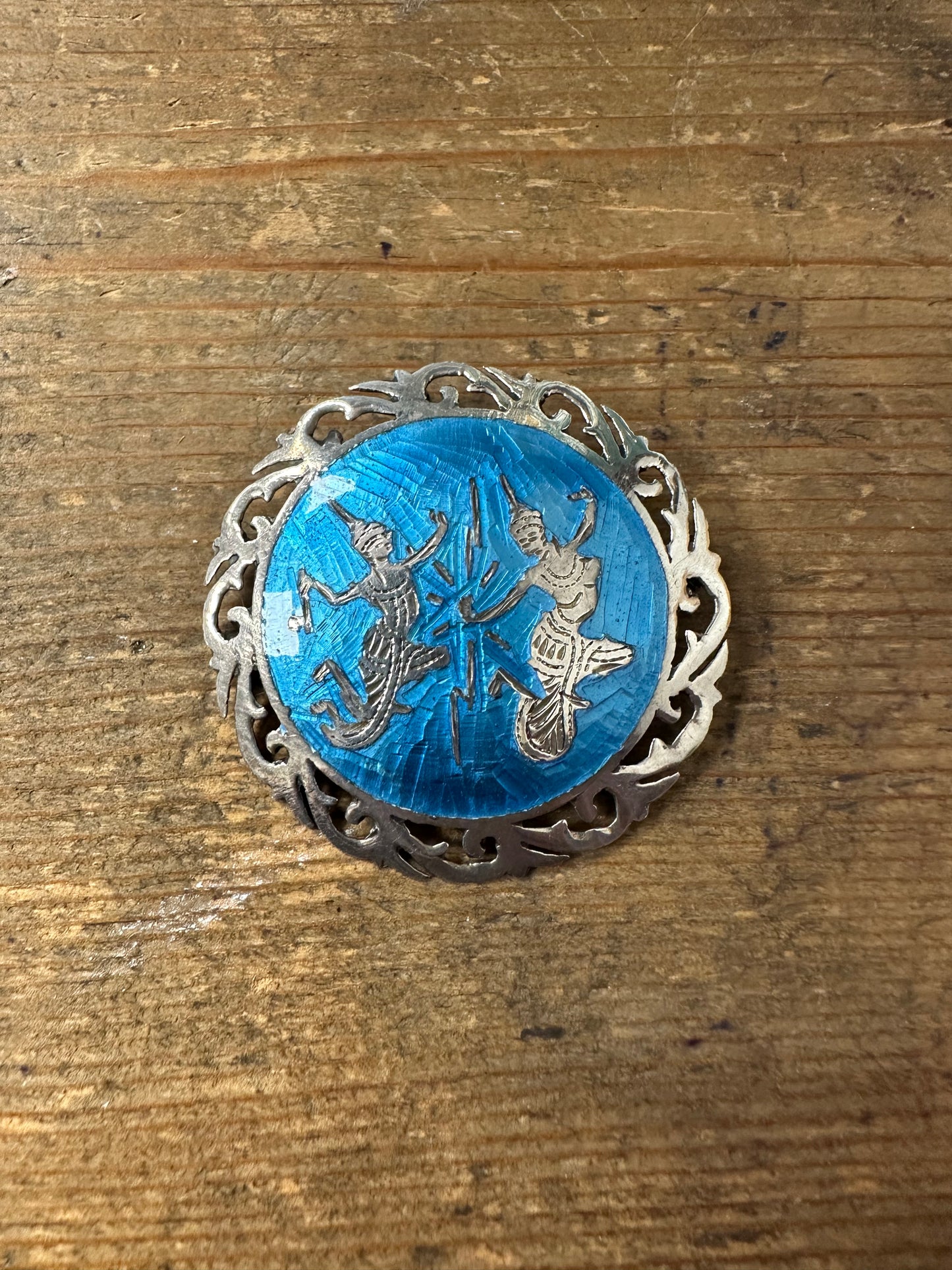 Vintage Siam Blue Enamel 925 Silver Brooch