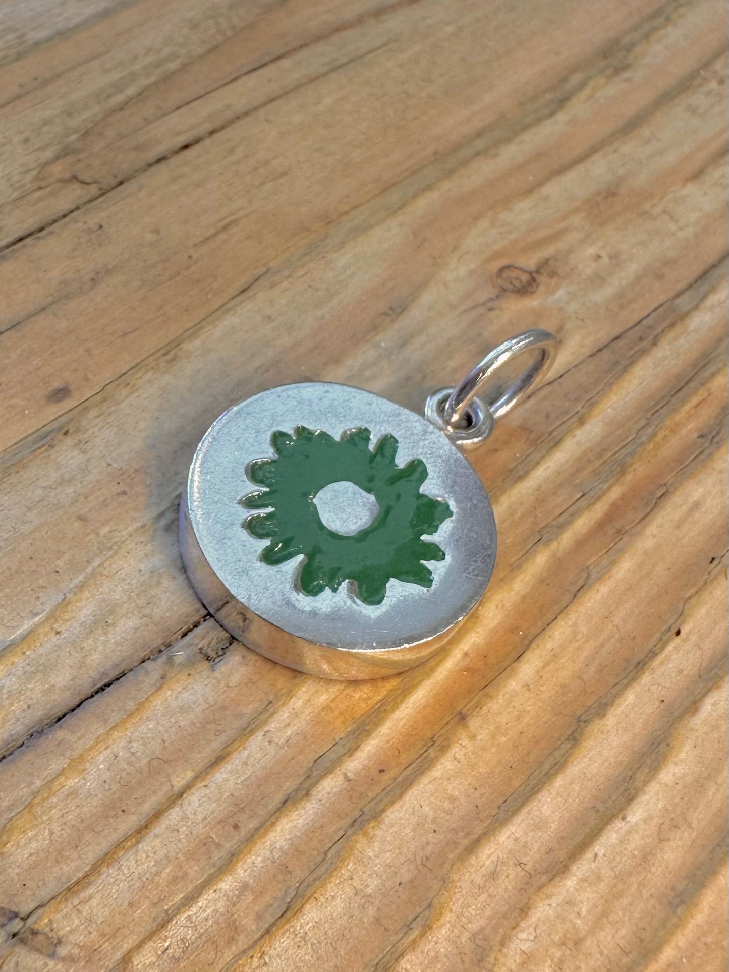 Unique Heavy Green Enamel Circle Solid 925 Sterling Silver Pendant