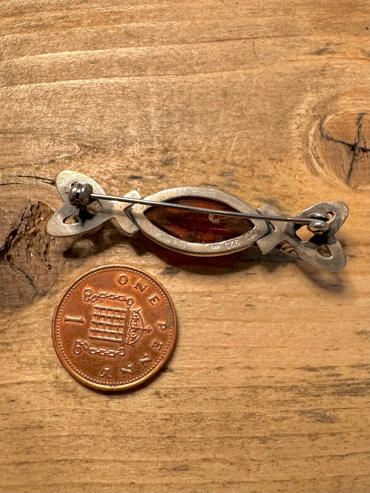 Vintage Celtic Amber 925 Silver Brooch