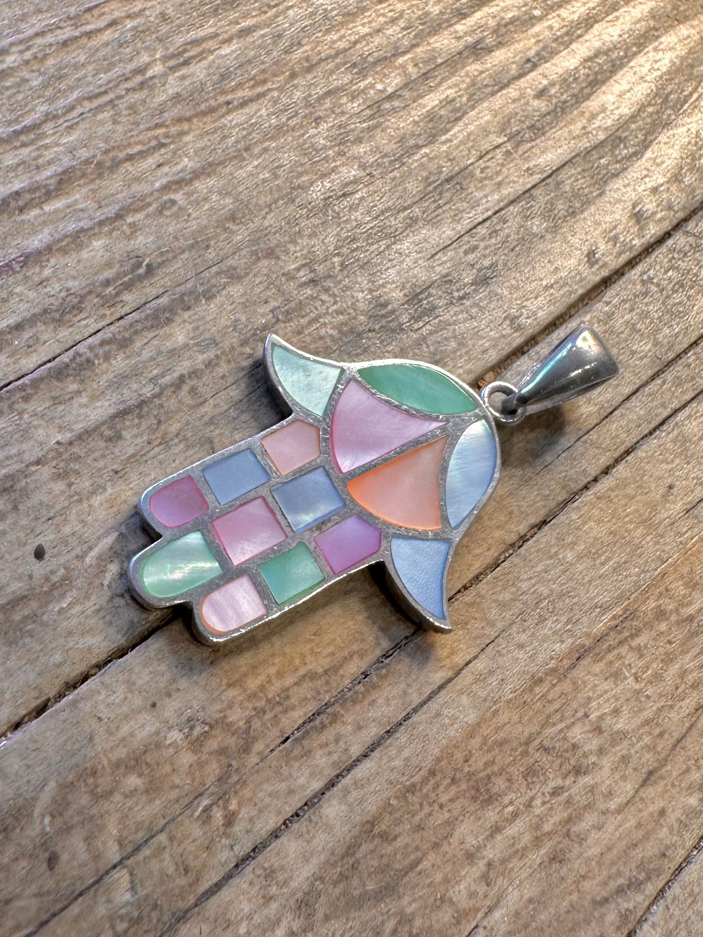 Multi Colour Mother of Pearl Hamsa 925 Sterling Silver Pendant
