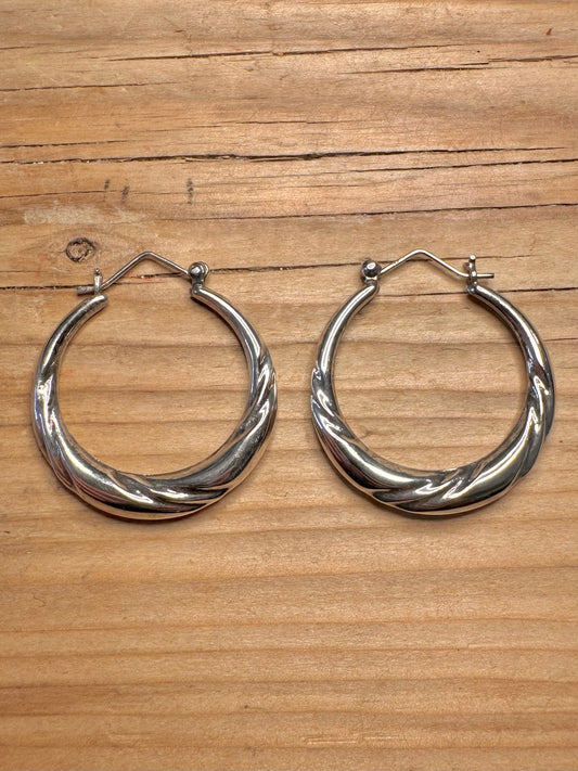 Vintage Textured Lined Twisted Hoops 925 Sterling Silver Earrings