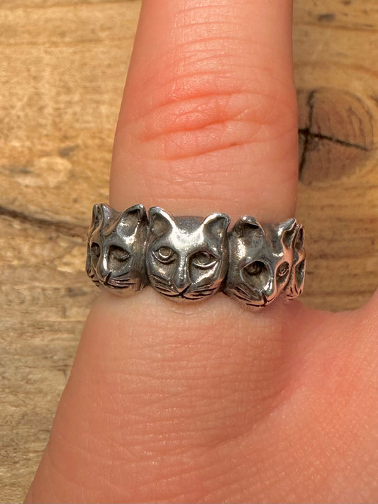 Vintage Cat Head Band 925 Silver Size L1/2 Ring