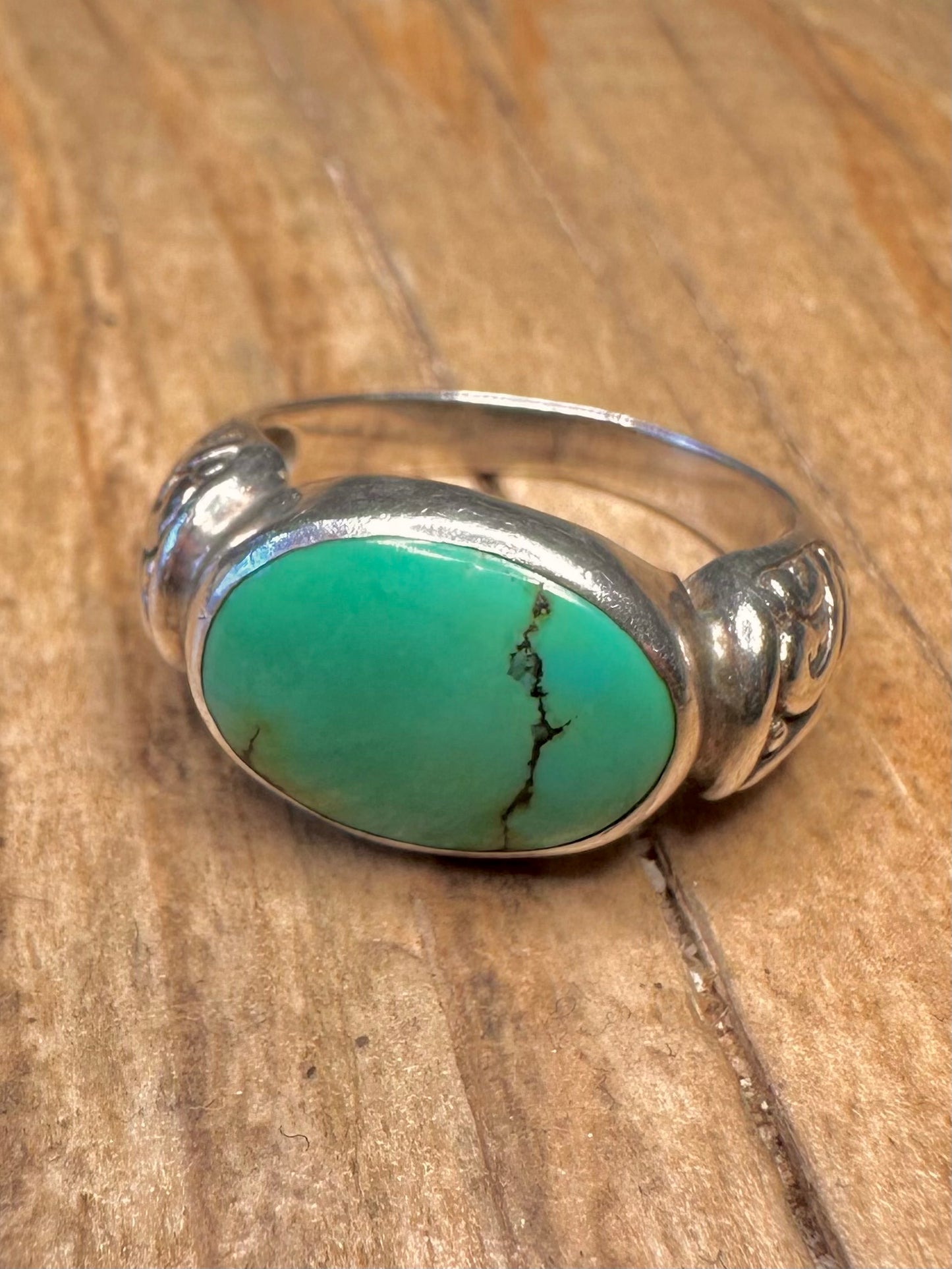 Vintage Turquoise Engraved 925 Sterling Silver Size O Ring