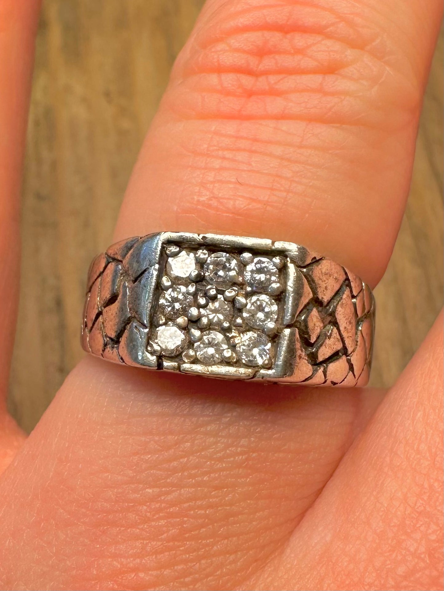 Vintage CZ Signet Textured 925 Sterling Silver Size P Ring