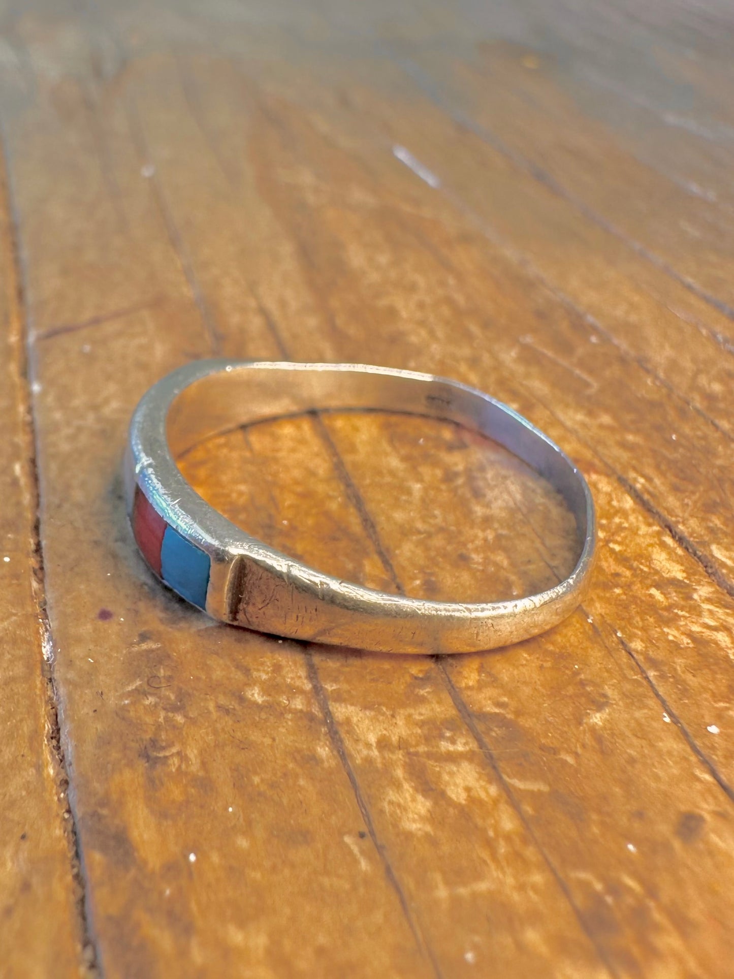 Zuni Style Turquoise Mother of Pearl Coral 925 Sterling Silver Size S Ring