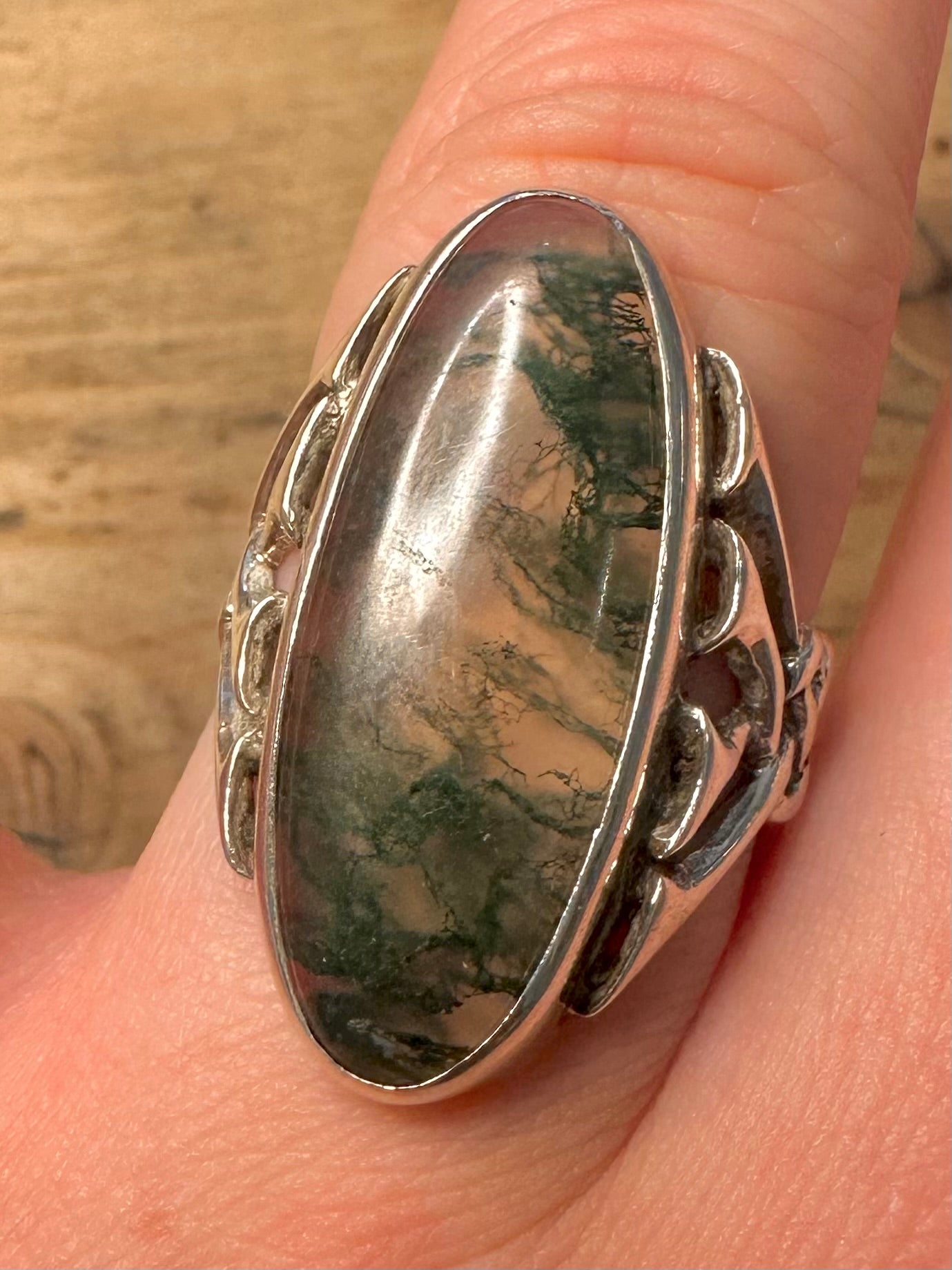 Vintage Moss Agate 925 Silver Size P1/2 Ring