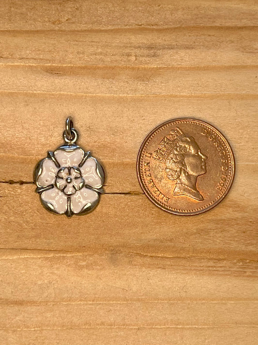White Rose of York Enamel Flower 925 Sterling Silver Pendant