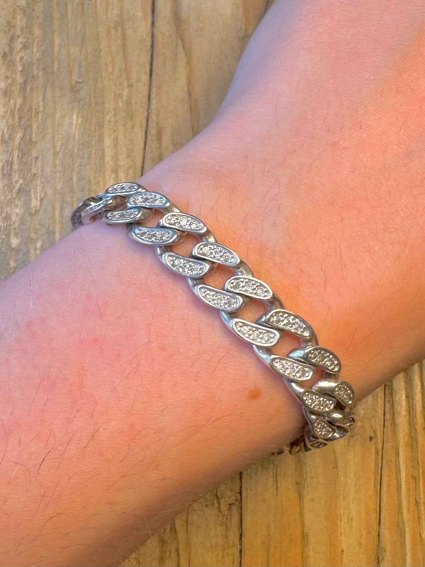 Curb Chain CZ White Stones 925 Sterling Silver 8.5 inch Bracelet