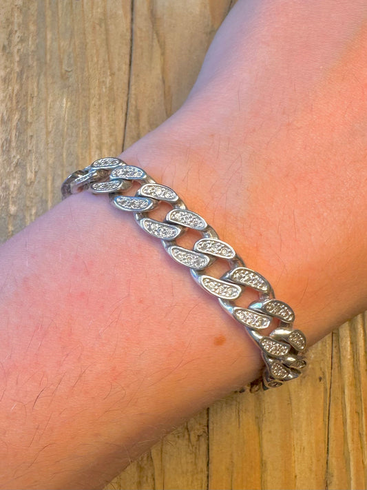 Curb Chain CZ White Stones 925 Sterling Silver 8.5 inch Bracelet