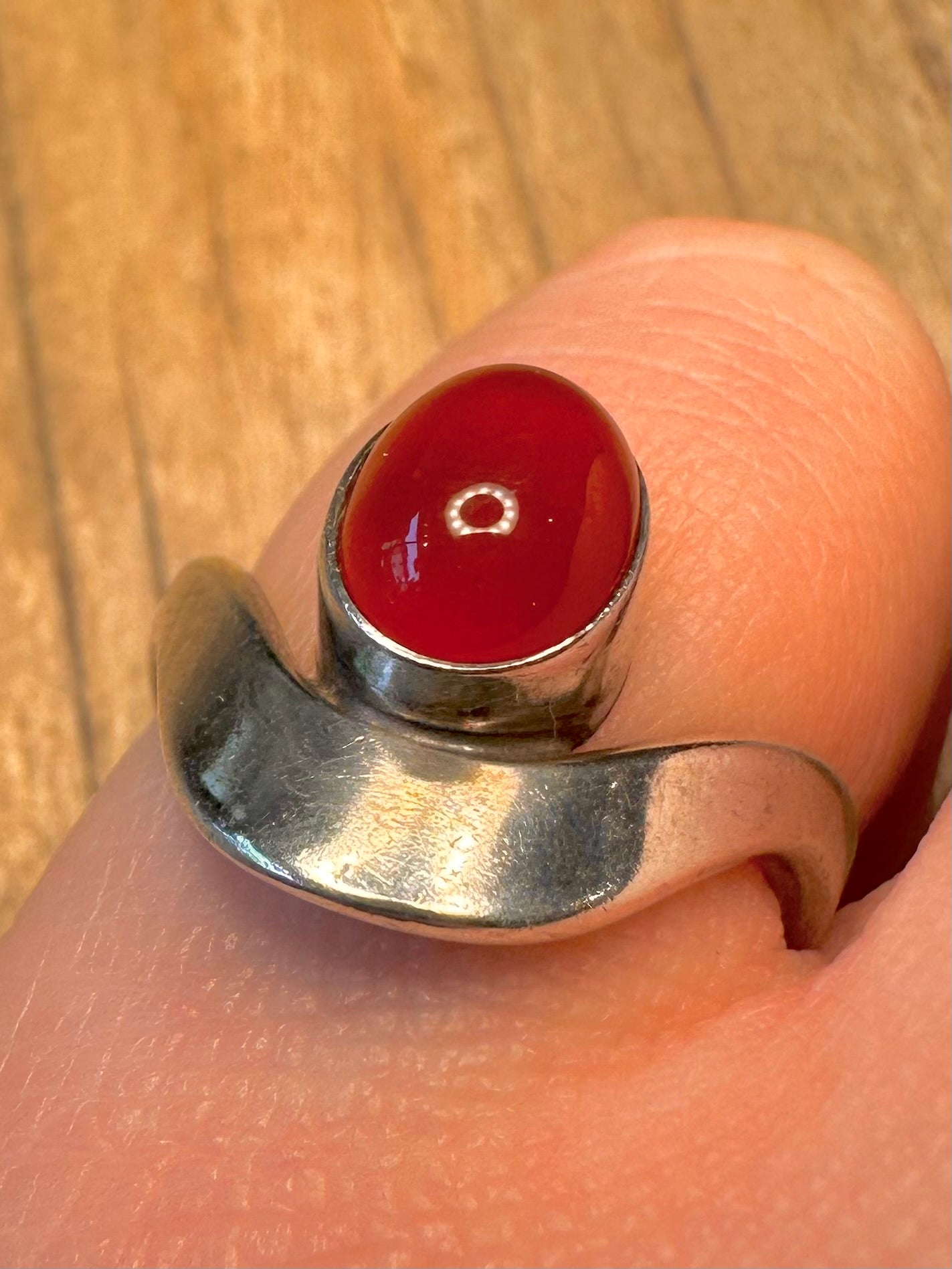 Abstract Carnelian Wavy Open Back 925 Sterling Silver Size M Ring
