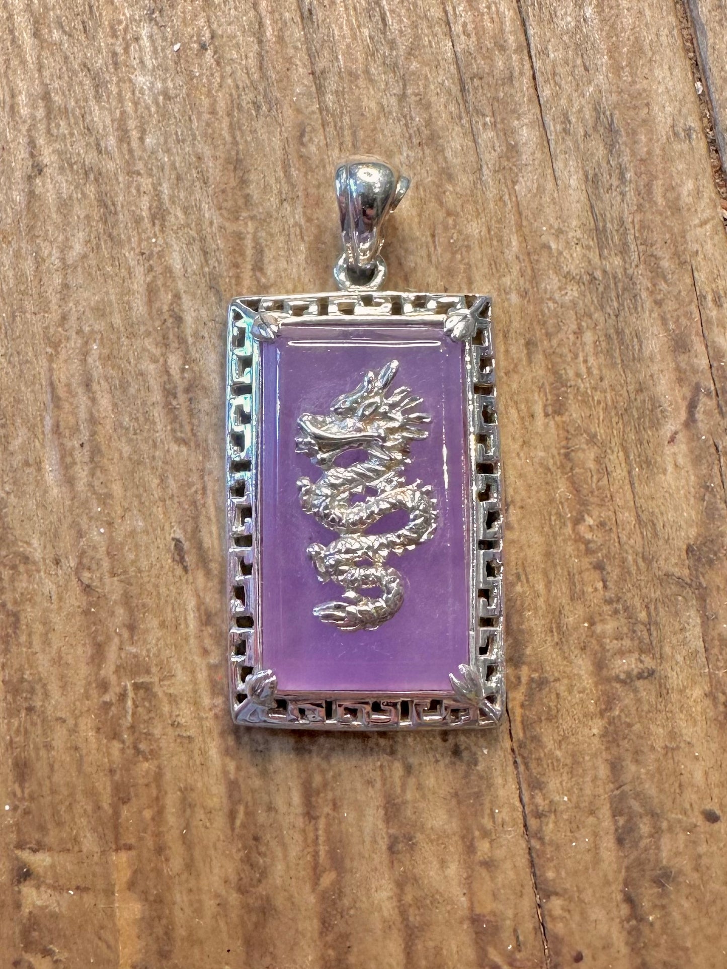 Purple Jade Dragon Rectangle 925 Sterling Silver Pendant
