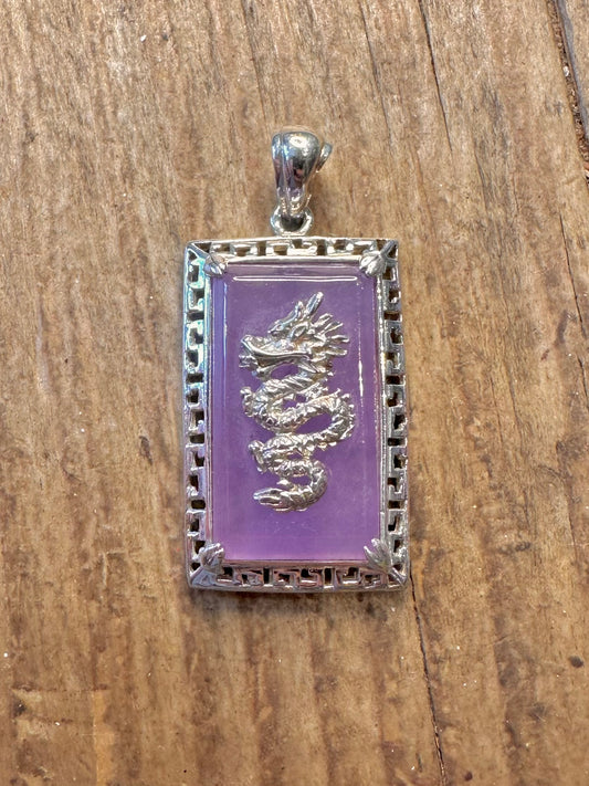 Purple Jade Dragon Rectangle 925 Sterling Silver Pendant
